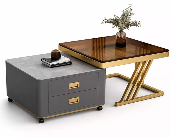 LuxuryForm DESIGN Konferenční stolek BOLT 70 × 70 / 60 × 60 cm – šedý / zlatý (set 2 ks)