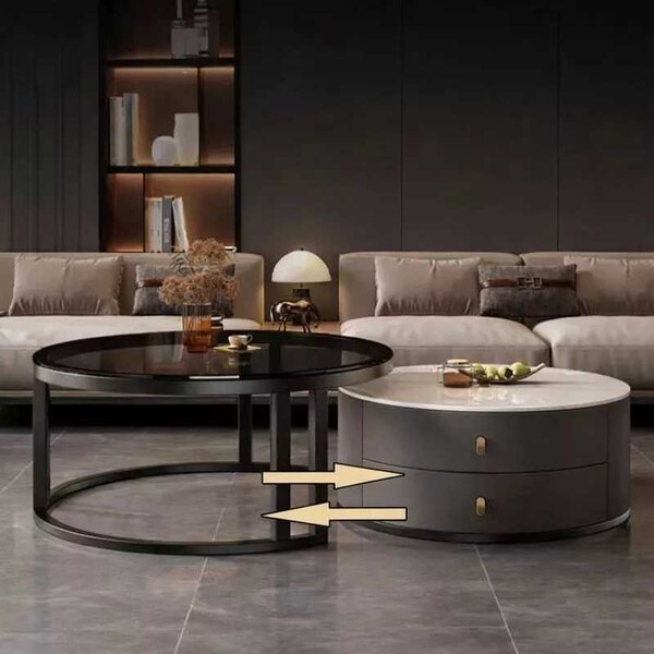 LuxuryForm DESIGN Konferenční stolek ORION 70 × 70 / 50 × 50 cm – šedý / béžový mramor + sklo (set 2 ks)