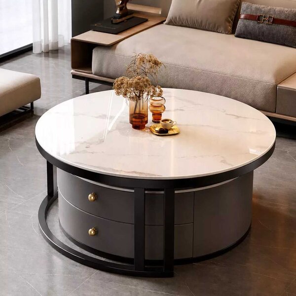 LuxuryForm DESIGN Konferenční stolek ORION 70 × 70 / 50 × 50 cm – šedý / béžový mramor + sklo (set 2 ks)