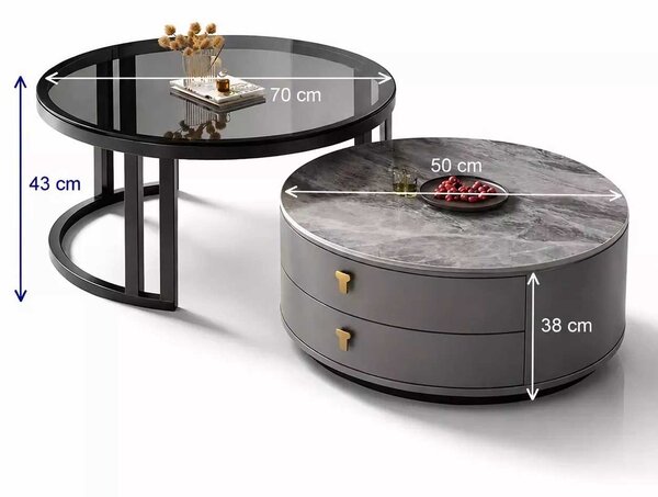 LuxuryForm DESIGN Konferenční stolek ORION 70 × 70 / 50 × 50 cm – šedý / béžový mramor + sklo (set 2 ks)