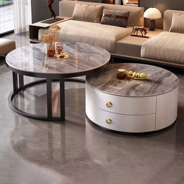LuxuryForm DESIGN Konferenční stolek ORION 70 × 70 / 50 × 50 cm – bílý / šedý mramor (set 2 ks)