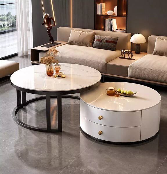 LuxuryForm DESIGN Konferenční stolek ORION 70 × 70 / 50 × 50 cm – bílý / bílý mramor (set 2 ks)