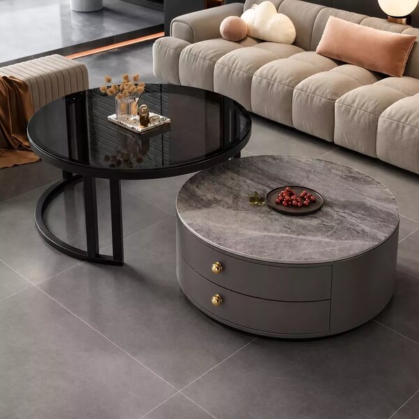 LuxuryForm DESIGN Konferenční stolek ORION 70 × 70 / 50 × 50 cm – šedý / šedý mramor + sklo (set 2 ks)