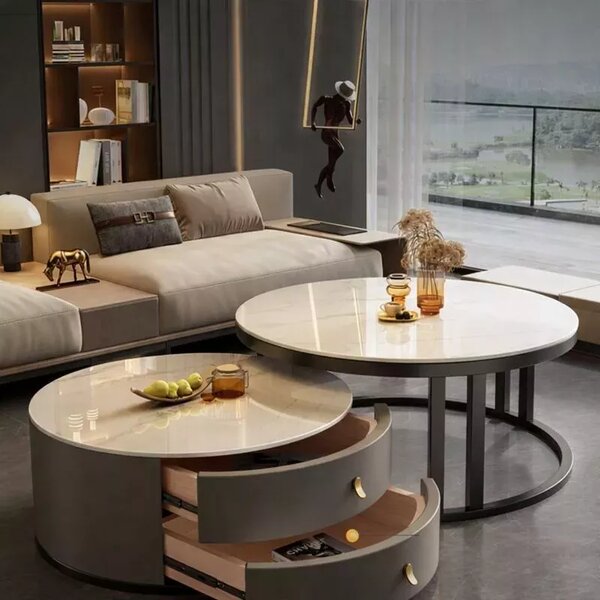 LuxuryForm DESIGN Konferenční stolek ORION 70 × 70 / 50 × 50 cm – šedý / šedý mramor + sklo (set 2 ks)