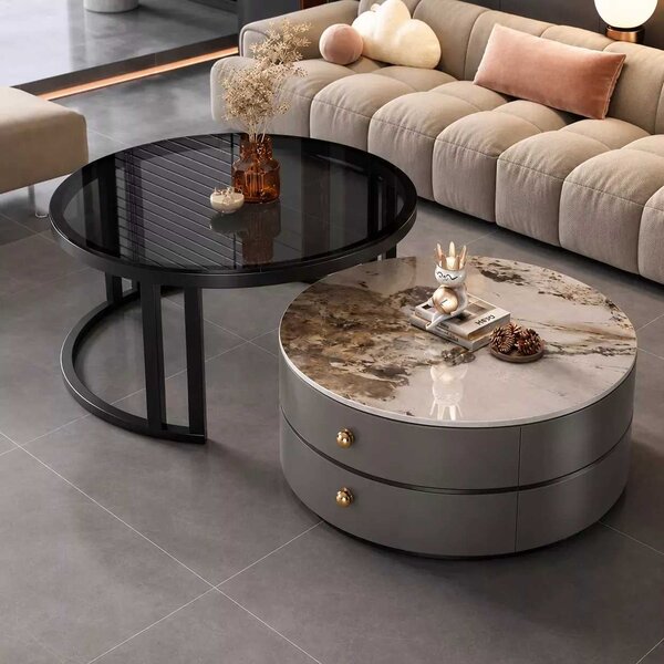 LuxuryForm DESIGN Konferenční stolek ORION 70 × 70 / 50 × 50 cm – šedý / béžový mramor + sklo (set 2 ks)