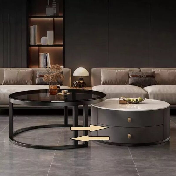 LuxuryForm DESIGN Konferenční stolek ORION 70 × 70 / 50 × 50 cm – šedý / šedý mramor + sklo (set 2 ks)