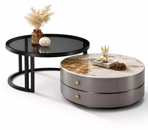 LuxuryForm DESIGN Konferenční stolek ORION 70 × 70 / 50 × 50 cm – šedý / béžový mramor + sklo (set 2 ks)