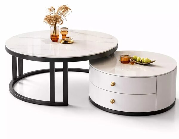 LuxuryForm DESIGN Konferenční stolek ORION 70 × 70 / 50 × 50 cm – bílý / bílý mramor (set 2 ks)