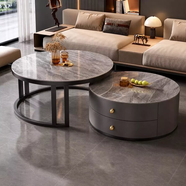 LuxuryForm DESIGN Konferenční stolek ORION 70 × 70 / 50 × 50 cm – šedý / šedý mramor (set 2 ks)