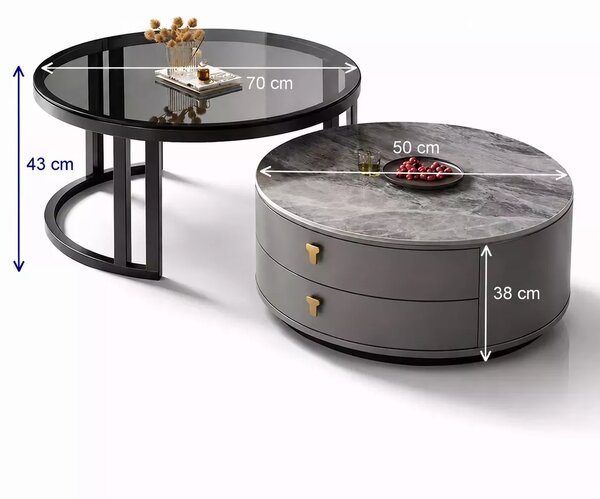LuxuryForm DESIGN Konferenční stolek ORION 70 × 70 / 50 × 50 cm – šedý / šedý mramor + sklo (set 2 ks)