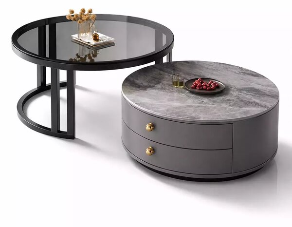 LuxuryForm DESIGN Konferenční stolek ORION 70 × 70 / 50 × 50 cm – šedý / šedý mramor + sklo (set 2 ks)