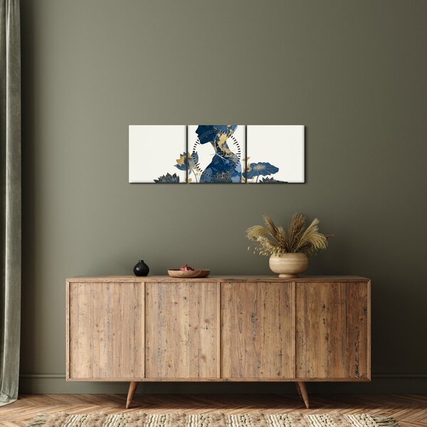 Obraz - Mramorový profil ženy (s hodinami) (90x30 cm)