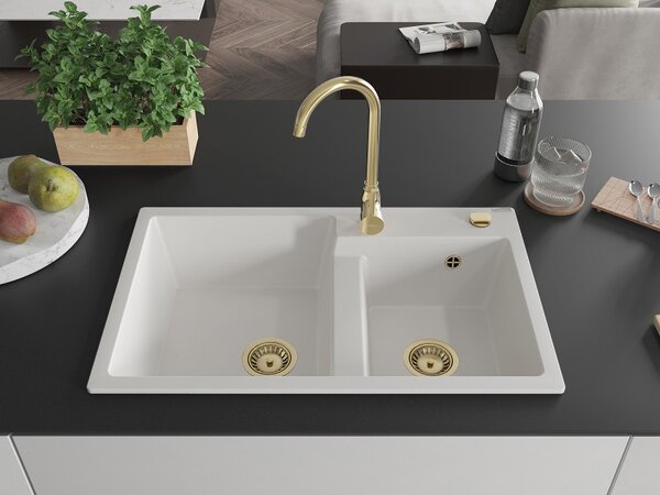 Mexen Tomas, granitový dřez 800x500x190 mm, 2-komorový, bílá se zlatým sifonem, 6516802000-20-G