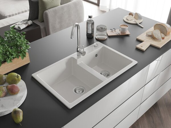 Mexen Tomas, granitový dřez 800x500x190 mm, 2-komorový, bílá, 6516802000-20