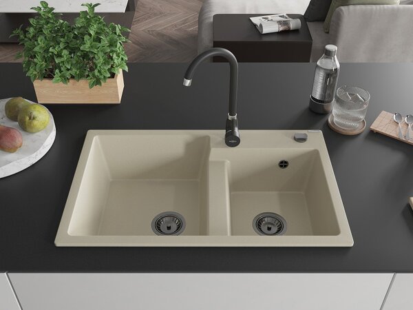 Mexen Tomas, granitový dřez 800x500x190 mm, 2-komorový, béžová s černým sifonem, 6516802000-69-B