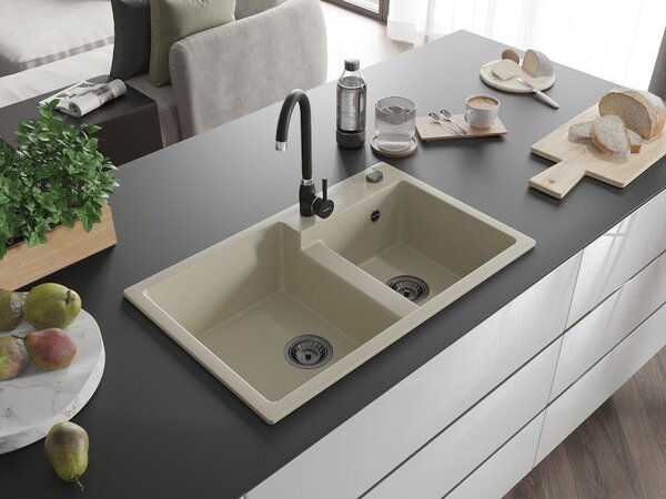Mexen Tomas, granitový dřez 800x500x190 mm, 2-komorový, béžová s černým sifonem, 6516802000-69-B