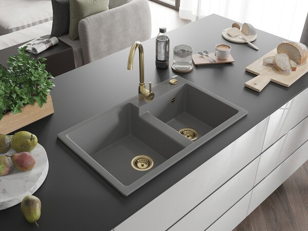 Mexen Tomas, granitový dřez 800x500x190 mm, 2-komorový, šedá se zlatým sifonem, 6516802000-71-G