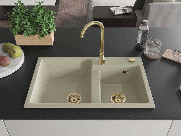 Mexen Tomas, granitový dřez 800x500x190 mm, 2-komorový, béžová se zlatým sifonem, 6516802000-69-G
