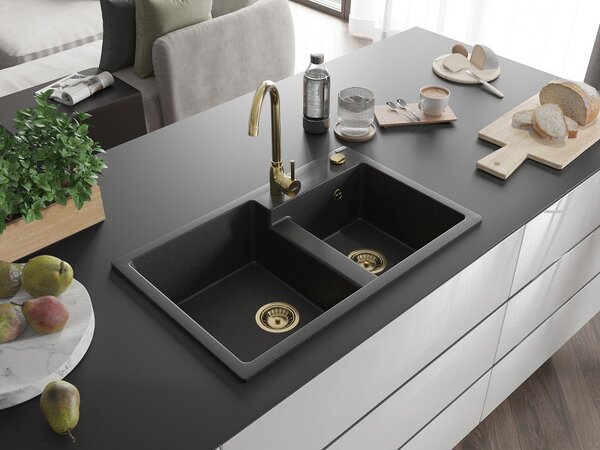 Mexen Tomas, granitový dřez 800x500x190 mm, 2-komorový, černá-stříbrná metalíza se zlatým sifonem, 6516802000-73-G