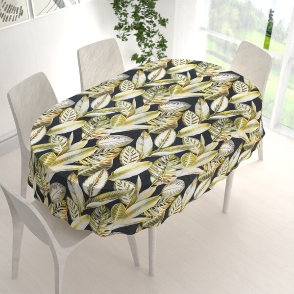 Biante Sametový oválný ubrus Tamara TMR-010 Zlaté tropické listy na zeleném 100x140 cm