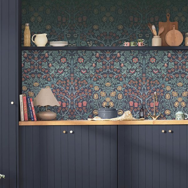 Vliesová obrazová tapeta na zeď, modrá, květiny, ptáci, 125328, William Morris At Home