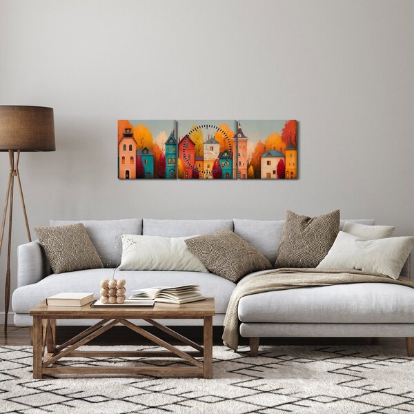 Obraz - Podzimní vesnice (s hodinami) (90x30 cm)