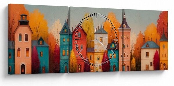 Obraz - Podzimní vesnice (s hodinami) (90x30 cm)