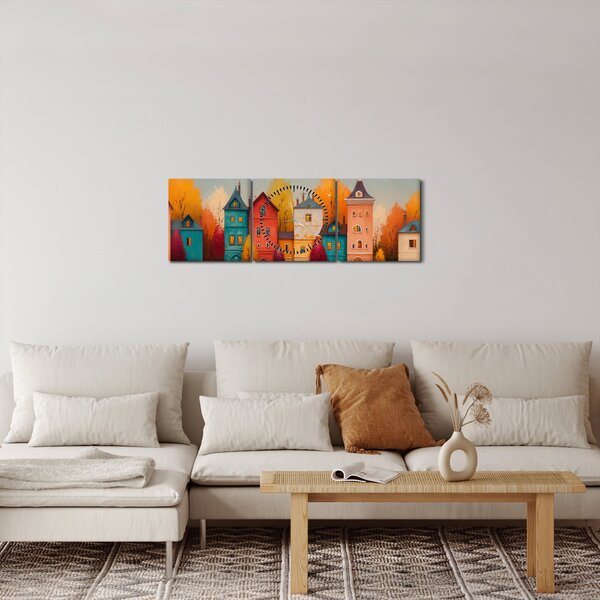 Obraz - Podzimní vesnice (s hodinami) (90x30 cm)