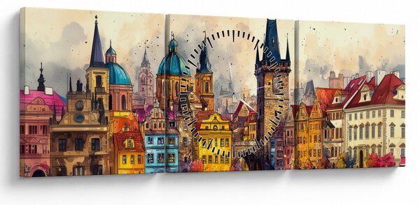 Obraz - Podzim v malovaném městě (s hodinami) (90x30 cm)