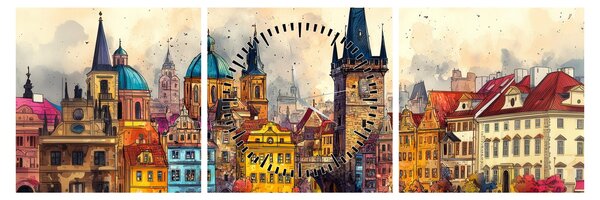 Obraz - Podzim v malovaném městě (s hodinami) (90x30 cm)