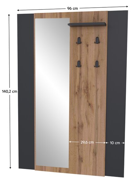 KONDELA Věšákový panel se zrcadlem, dub wotan/černá, AMONI