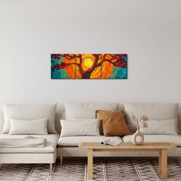 Obraz - Strom života a slunce v mozaice (s hodinami) (90x30 cm)