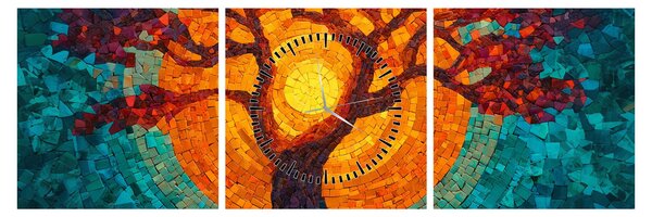 Obraz - Strom života a slunce v mozaice (s hodinami) (90x30 cm)