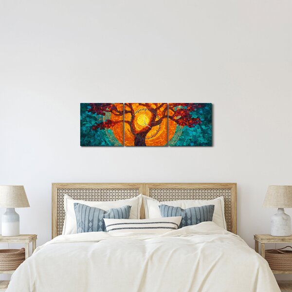 Obraz - Strom života a slunce v mozaice (s hodinami) (90x30 cm)