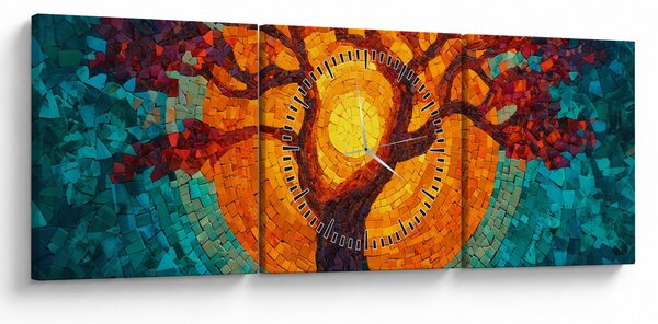 Obraz - Strom života a slunce v mozaice (s hodinami) (90x30 cm)