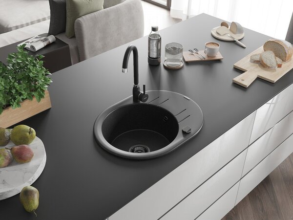 Mexen Kevin, granitový dřez 586x458x190 mm, 1-komorový, černá-stříbrná metalíza s černým sifonem, 6517581005-73-B