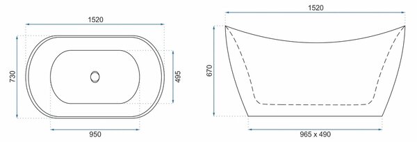 Volně stojící akrylátová vana REA FERRANO SLIM 150x73 cm bílý, sifon Click-Clack - kartáčovaná měď