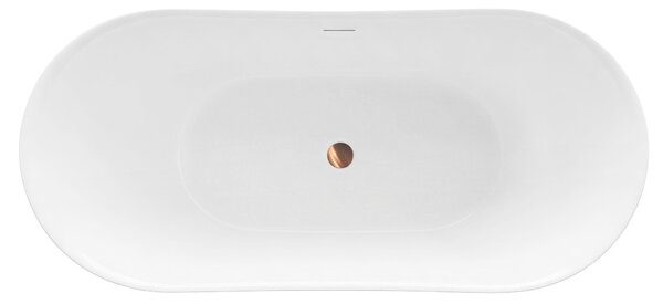 Volně stojící akrylátová vana REA FERRANO SLIM 150x73 cm bílý, sifon Click-Clack - kartáčovaná měď