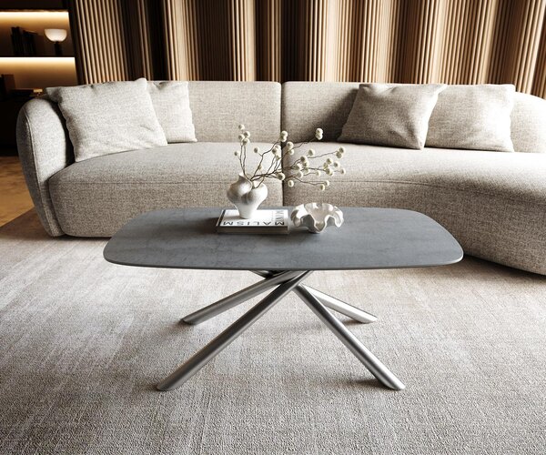 DELIFE Konferenční stolek Edge oválný tvar 100×50 cm keramika beton šedá Sarity nerezová ocel kartáčovaná