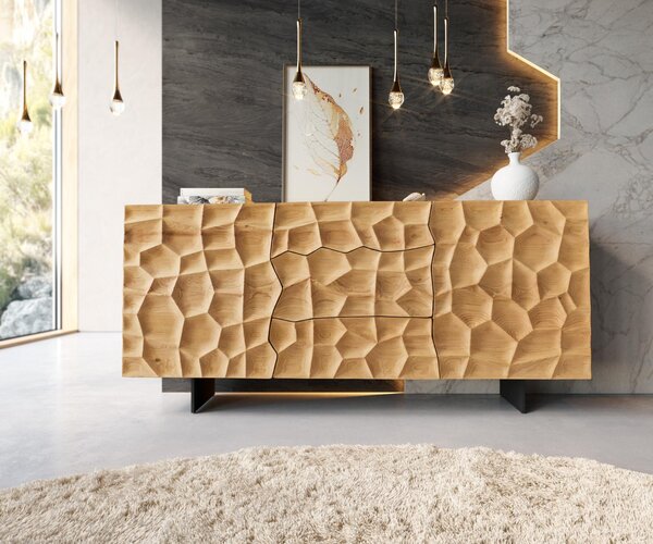 DELIFE Komoda Solu 175 cm dub přírodní 2 dvířka 3 zásuvky závěsná kov černá 3D čelo