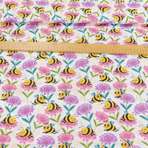 Bavlněné plátno POLO čmeláci s růžovými květinami, š.140cm (látka v metráži)