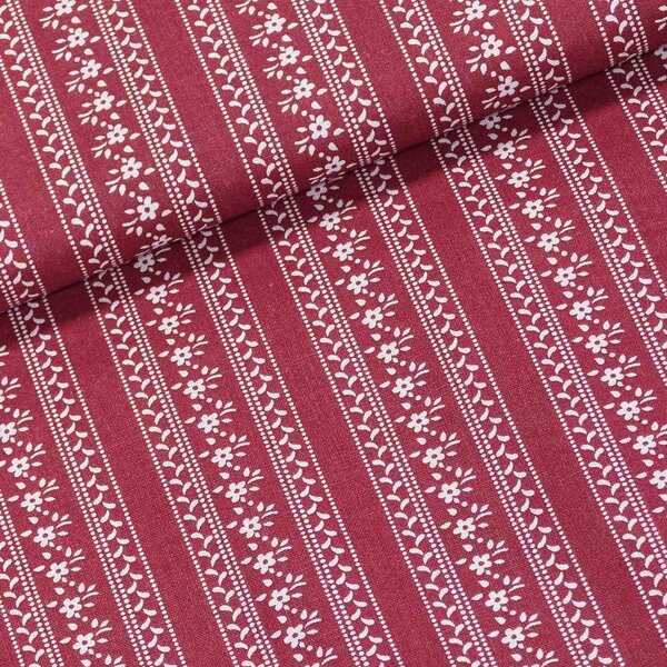 Bavlněné plátno 103000 FOLKLÓR, kytičky v proužcích na vínové, š.140cm (látka v metráži)