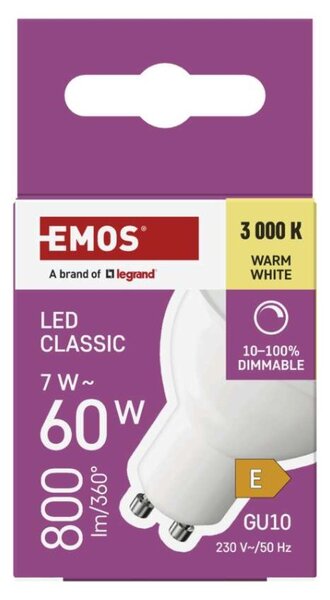 EMOS LED žárovka Classic MR16 / GU10 / 7 W (60 W) / 800 lm / teplá bílá / stmívatelná 1525740236