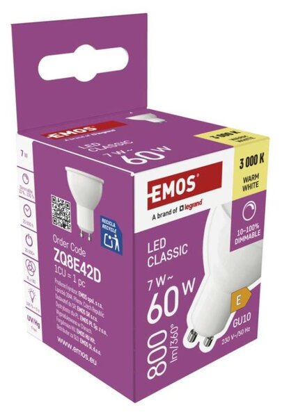 EMOS LED žárovka Classic MR16 / GU10 / 7 W (60 W) / 800 lm / teplá bílá / stmívatelná 1525740236