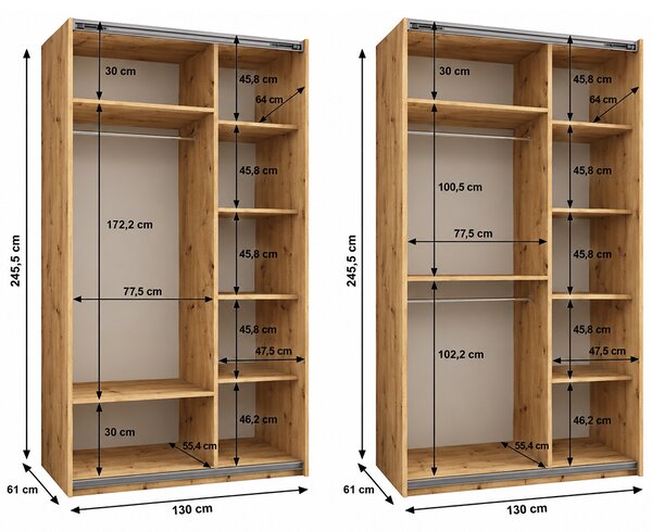 Šatní skříň LUX 1 s posuvnými dveřmi, 130×245,5×64 Dub Artisan / bílá / černé