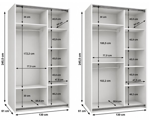 Šatní skříň LUX 1 s posuvnými dveřmi, 130×245,5×64 Bílá / stříbrné