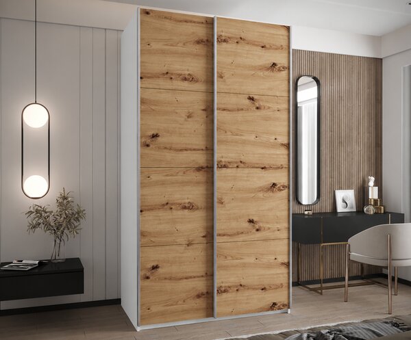 Šatní skříň LUX 1 s posuvnými dveřmi, 130×245,5×64 Bílá / dub Artisan / stříbrné