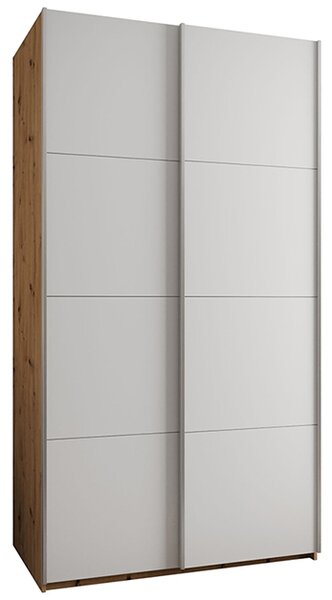 Šatní skříň LUX 1 s posuvnými dveřmi, 130×245,5×64 Dub Artisan / bílá / stříbrné
