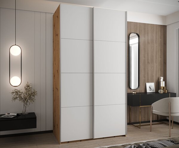 Šatní skříň LUX 1 s posuvnými dveřmi, 130×245,5×64 Dub Artisan / bílá / stříbrné