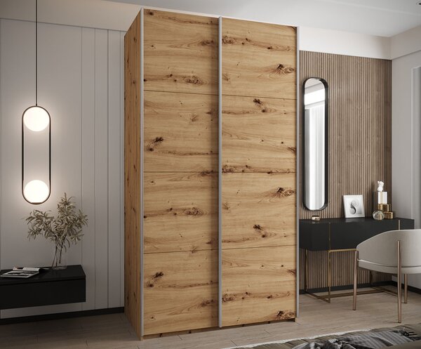 Šatní skříň LUX 1 s posuvnými dveřmi, 130×245,5×64 Dub Artisan / stříbrné